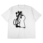 White t-shirt with a black and white panther graphic on a white background