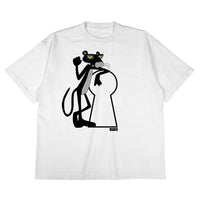 White t-shirt with a black and white panther graphic on a white background