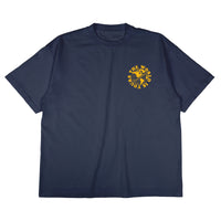 Heavyweight cotton tee in navy featuring the APT.4B Globe logo. Represents the brand's journey from local Queens roots to global influence.