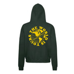 Heavyweight hoodie in green featuring the APT.4B Globe logo. Represents the brand's journey from local Queens roots to global influence.