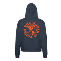 Heavyweight hoodie in navy featuring the APT.4B Globe logo. Represents the brand's journey from local Queens roots to global influence.