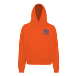 Heavyweight hoodie in orange featuring the APT.4B Globe logo. Represents the brand's journey from local Queens roots to global influence.