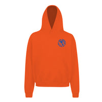 Heavyweight hoodie in orange featuring the APT.4B Globe logo. Represents the brand's journey from local Queens roots to global influence.