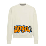 Cream crewneck sweatshirt featuring 'Crown City Burner' graphic. Inspired by the golden era of Queens hip-hop and graffiti culture.