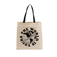 Heavyweight natural canvas tote bag featuring the APT.4B Globe logo. Durable everyday carry bag.