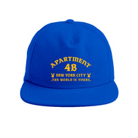 Blue snapback cap with printed Rocksteady logo. Classic 5-panel construction representing NYC heritage.