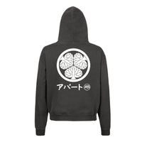 Black cotton hoodie with 'Shogun' graphic print. A fusion of Japanese heritage storytelling and gritty New York street style.